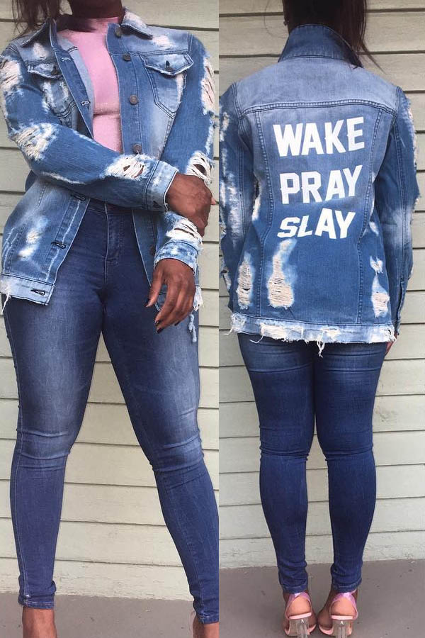 Lovely Casual Broken Holes Blue Coat