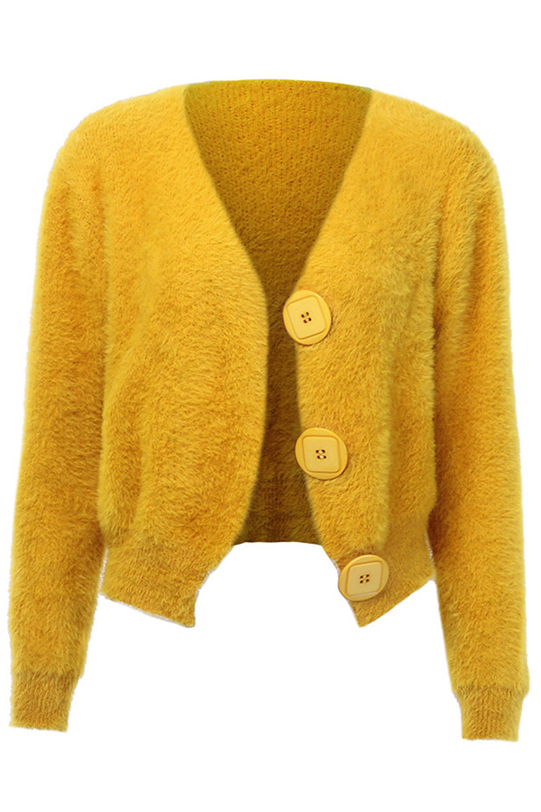 Lovely Trendy Buttons Design Yellow Cardigan