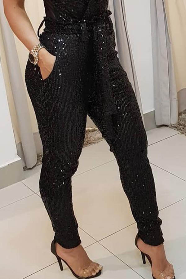 Lovely Chic Sequined Lace-up Black Pants
