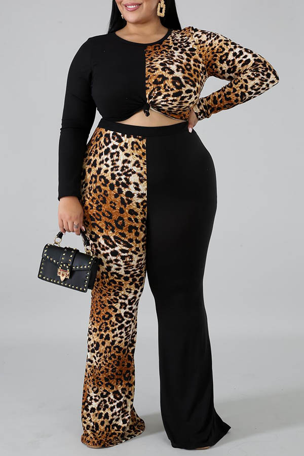 Lovely Casual Patchwork Black Plus Size Two-piece Pants Set