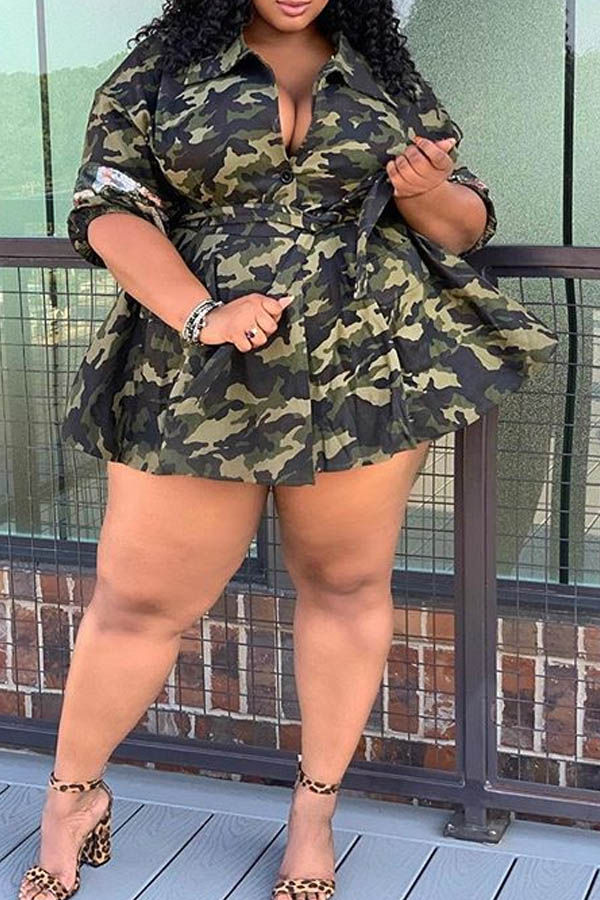 LW Plus Size Casual Camouflage Printed Army Green Mini Dress