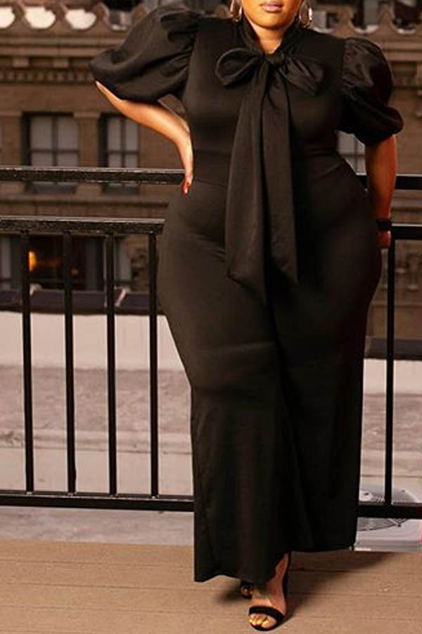 Lovely Casual Lace-up Black Plus Size One-piece Jumpsuit