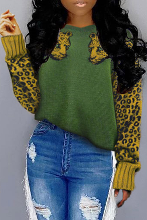 Lovely Casual Leopard Printed Green Sweater