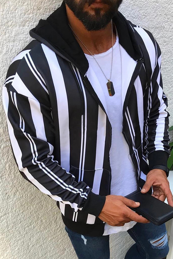 Lovely Casual Hooded Collar Striped Black Jacket
