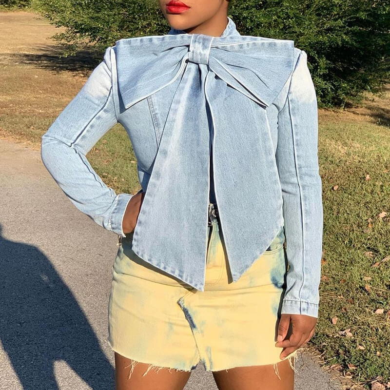 LW Chic Mandarin Collar Bow-Tie Shirt