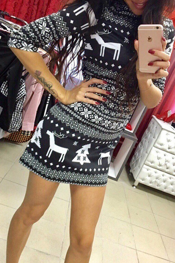 Lovely Christmas Day O Neck Printed Black Mini Dress