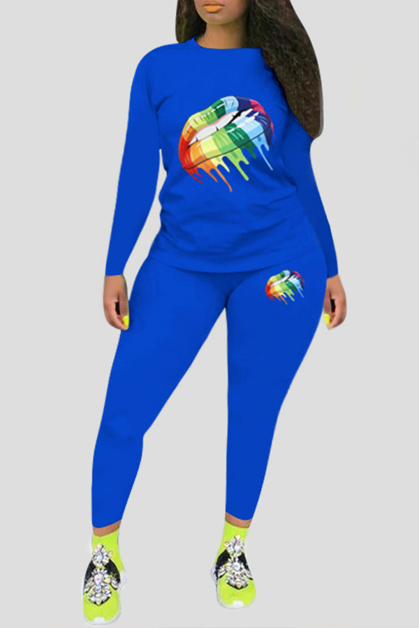 Lovely Leisure Lip Printed Blue Plus Size Two-piece Pants Set