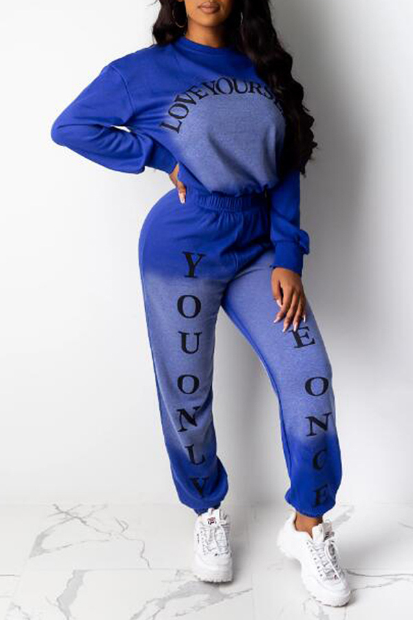 Lovely Casual Letter Printed Blue Two-piece Pants Set