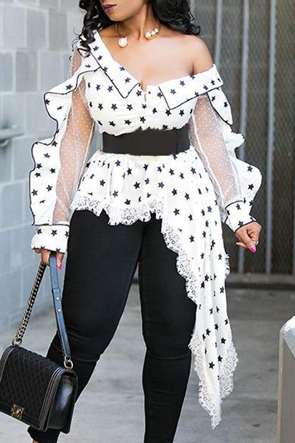 Lovely Casual V Neck Dot Printed White Plus Size Blouse