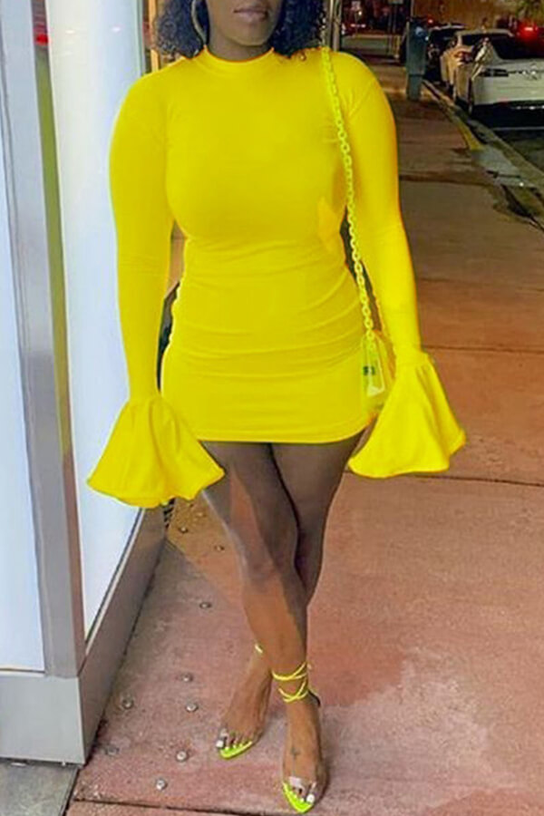 LW Trendy Half A Turtleneck Yellow Mini Dress