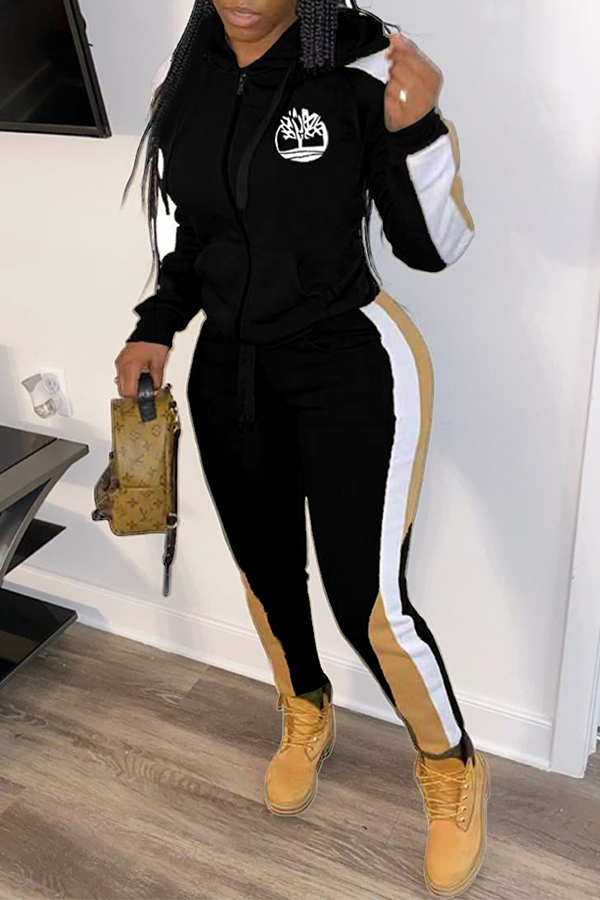 Lovely Sportswear Hooded Collar Patchwork Black Two-piece Pants Set
