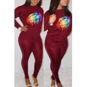 Lovely Casual Lip Printed Wine Red Two-piece Pants