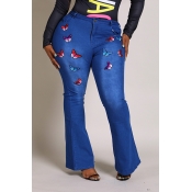 Lovely Casual Embroidered Design Blue Plus Size Je