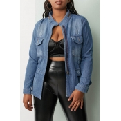 Lovely Retro Mandarin Collar Pocket Patched Blue J