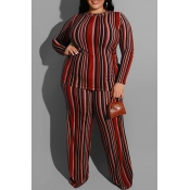 Lovely Casual Striped Wine Red Plus Size Two-piece
