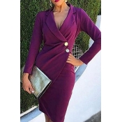 Lovely Work Buttons Design Purple Knee Length Dres