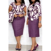 Lovely Casual O Neck Printed Purple Plus Size Two-
