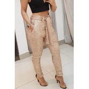 Lovely Chic Sequined Lace-up Gold Pants