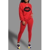 Lovely Casual Lip Printed Red Two-piece Pants Set
