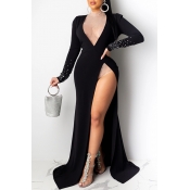 Lovely Party Side High Slit Black Floor Length Eve
