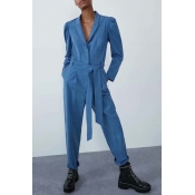 Lovely Trendy Lace-up Blue One-piece Jumpsuit