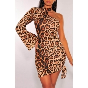 Lovely Trendy One Shoulder Leopard Printed Mini Dr