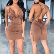 Lovely Sexy Backless Brown Mini Dress