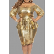 Lovely Chic Flounce Design Gold Plus Size Mini Dre