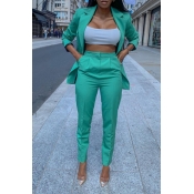 Lovely Trendy Turndown Collar Green Two-piece Pant