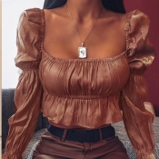 Lovely Sweet Ruffle Design Brown Blouse