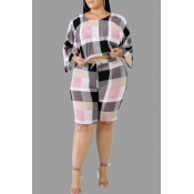Lovely Casual Plaid Printed Pink Plus Size Two Two