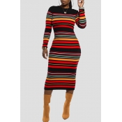 Lovely Casual Striped Red Mid Calf Dress