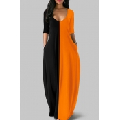 Lovely Casual Patchwork Loose Orange Floor Length 