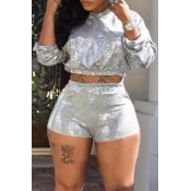 Lovely Trendy Crop Top Silver Two-piece Shorts Set