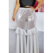 Lovely Casual Flounce Design Silver Plus Size Pant