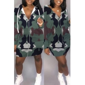 Lovely Casual Hooded Collar Printed Green Mini Dre