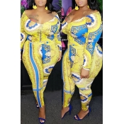 Lovely Casual Printed Yellow Plus Size Two-piece P