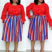 Lovely Casual Striped Red Mid Calf Plus Size Dress