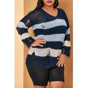 Lovely Casual Striped Blue Plus Size Sweater