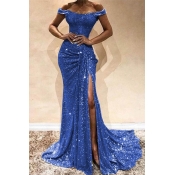 Lovely Party Side High Slit Blue Trailing Evening 