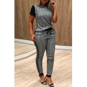 Lovely Casual O Neck Patchwork Grey Two-piece Pant