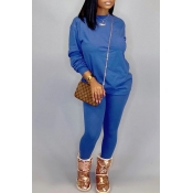 Lovely Leisure O Neck Basic Blue Two-piece Pants S