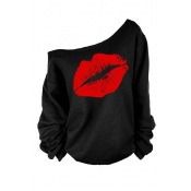 Lovely Casual Lip Printed Red Plus Size Sweatshirt