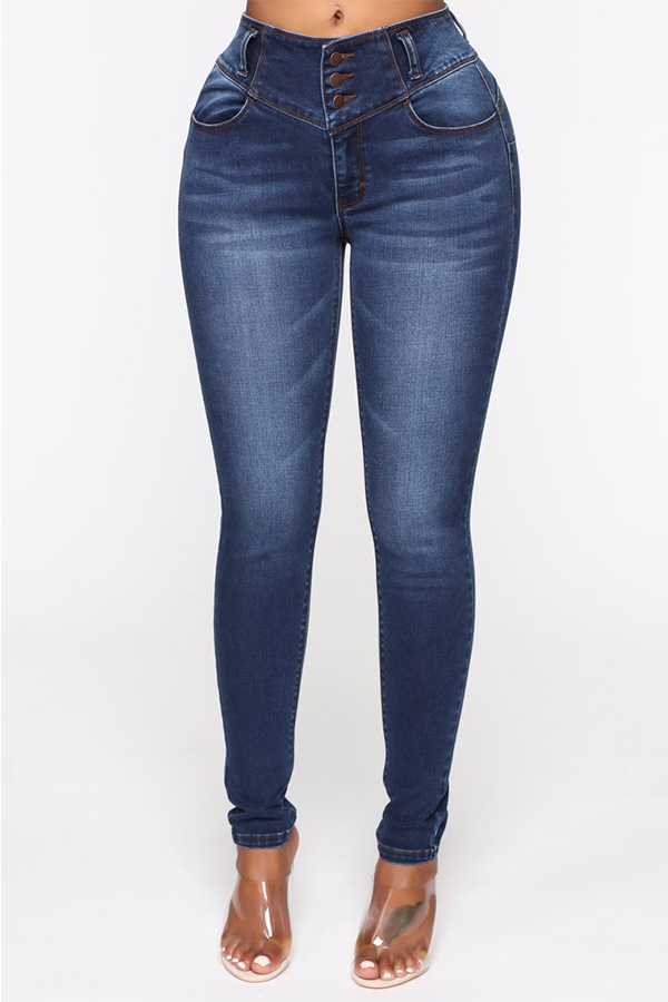 Lovely Casual Buttons Design Deep Blue Jeans