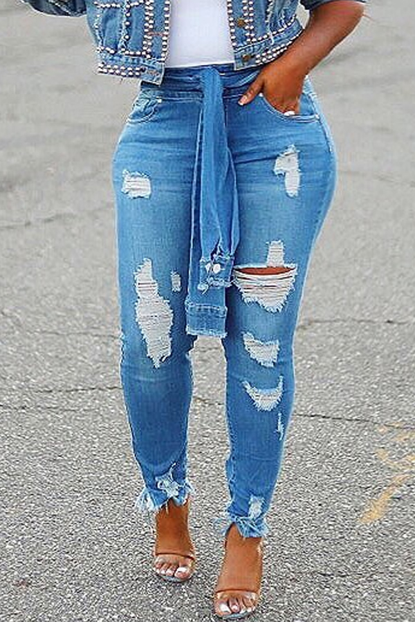Lovely Casual Broken Holes Baby Blue Jeans