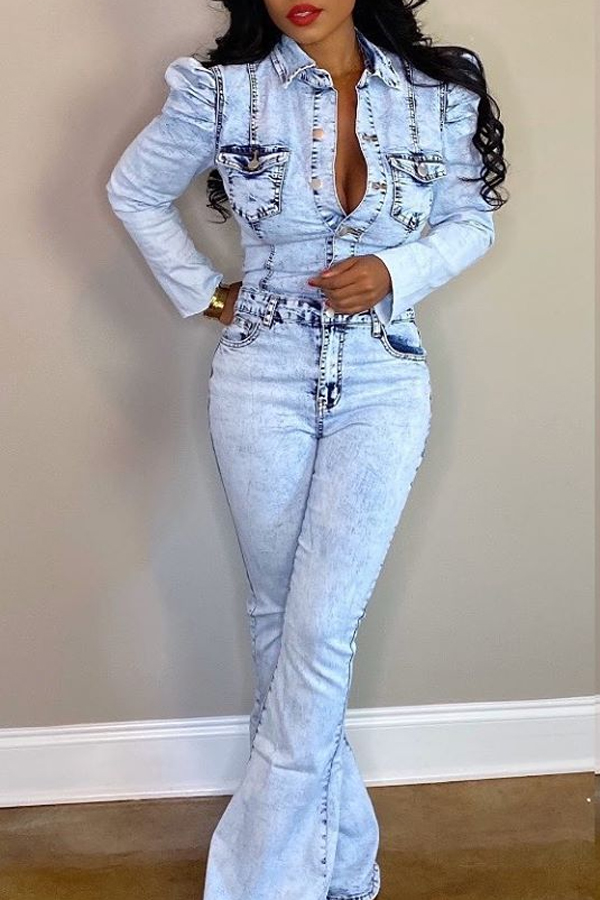 Lovely Trendy Buttons Design Blue One-piece Jumpsuit