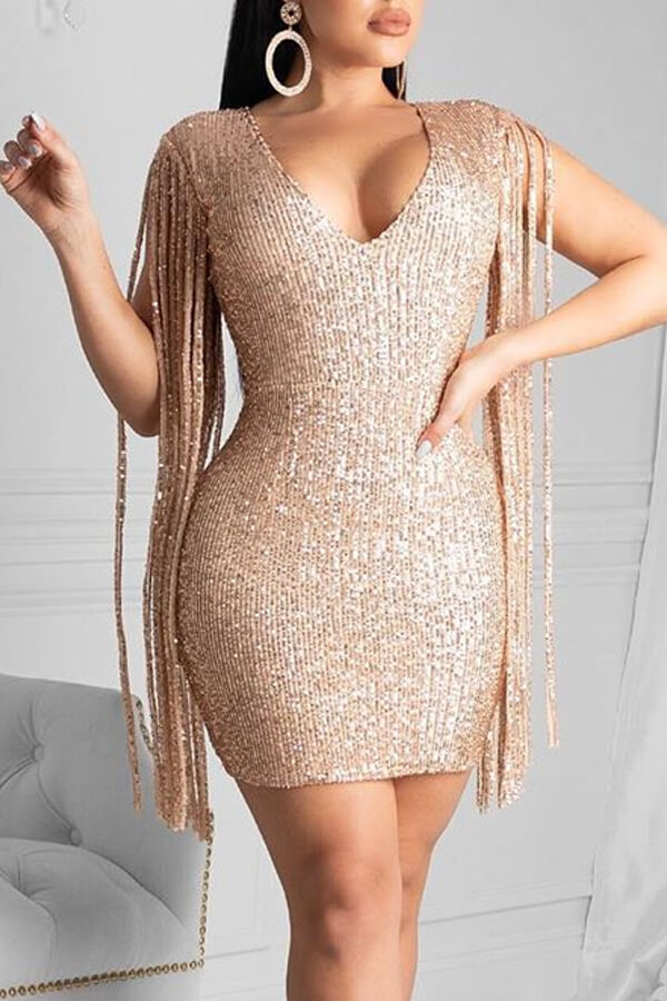 Lovely Party Sleeveless Tassel Design Gold Mini Dress