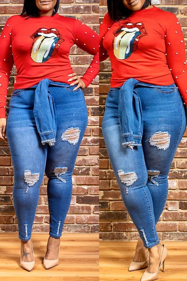 Lovely Trendy Broken Holes Blue Plus Size Jeans