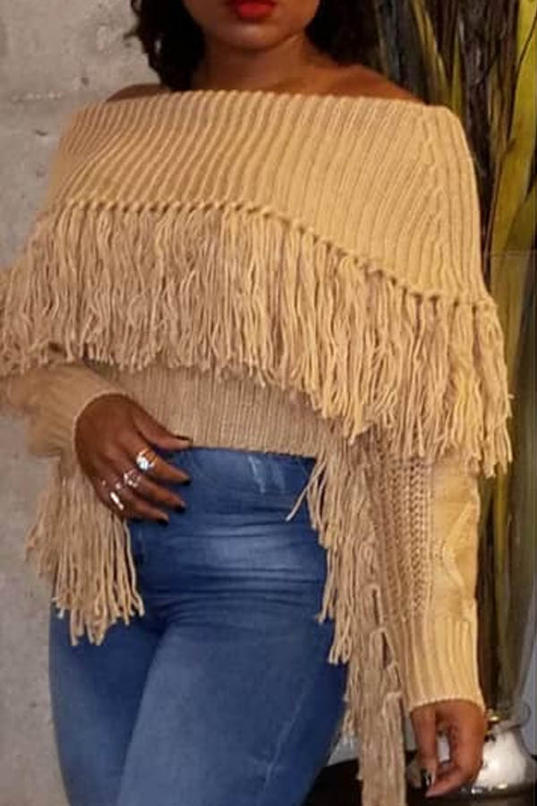 Lovely Casual Tassel Design Brown Sweater