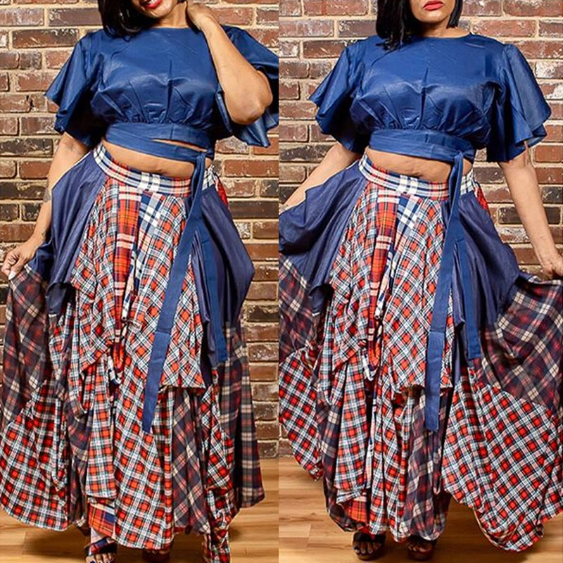 Lovely Casual Plaid Printed Blue Plus Size Two-piece Skirt Set